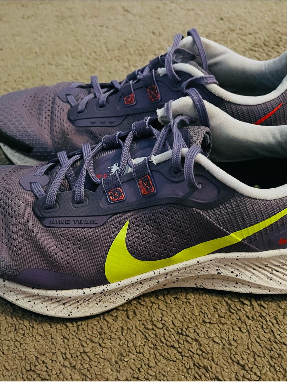 Nike Women’s Pegasus Trail Purple Sneakers with Neon Yellow Swoosh